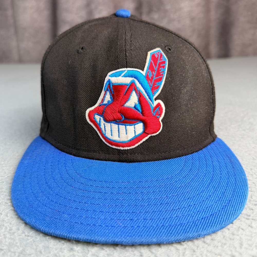New Era 59FIFTY Cleveland Indians Chief Wahoo Fitted Hat 7 3/8 Black Blue Wool